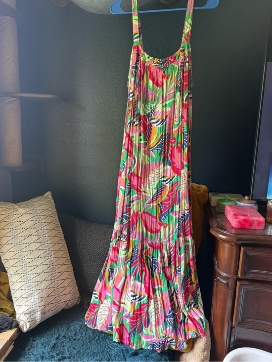 Japna Dresses & Skirts - Japna Bright Tropical Print Pleated Maxi Dress - Pink, Green, Yellow, Blue